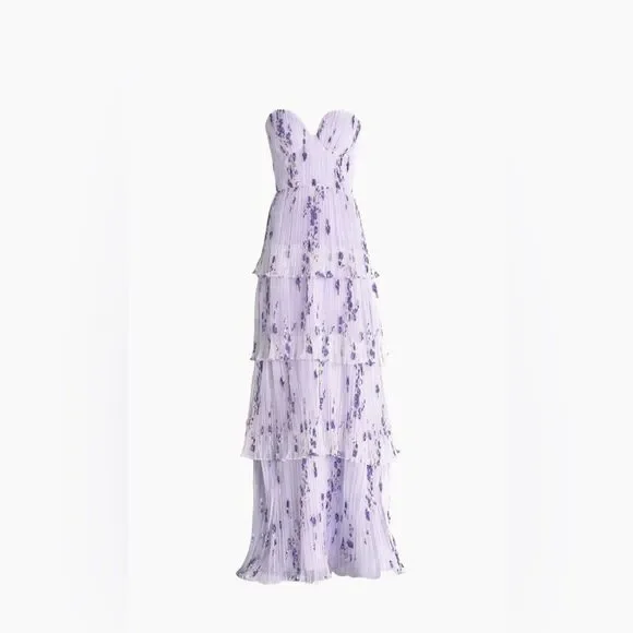 Dress The PopulationLayana Floral Tiered Bustier Gown Lavender Strapless, Large - Picture 4 of 11